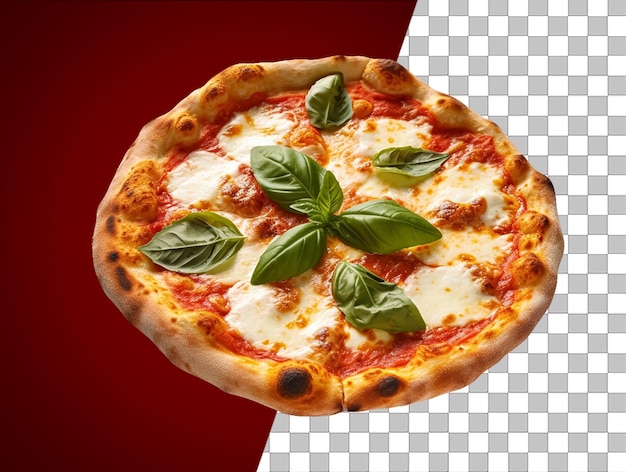 A pizza with a red and transparent background and a whole pizza with basil leaves on it