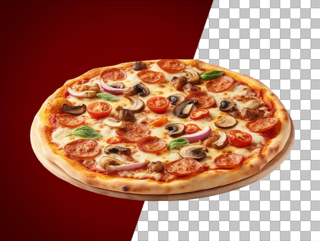 A pizza with a red and transparent background and the word pizza on it