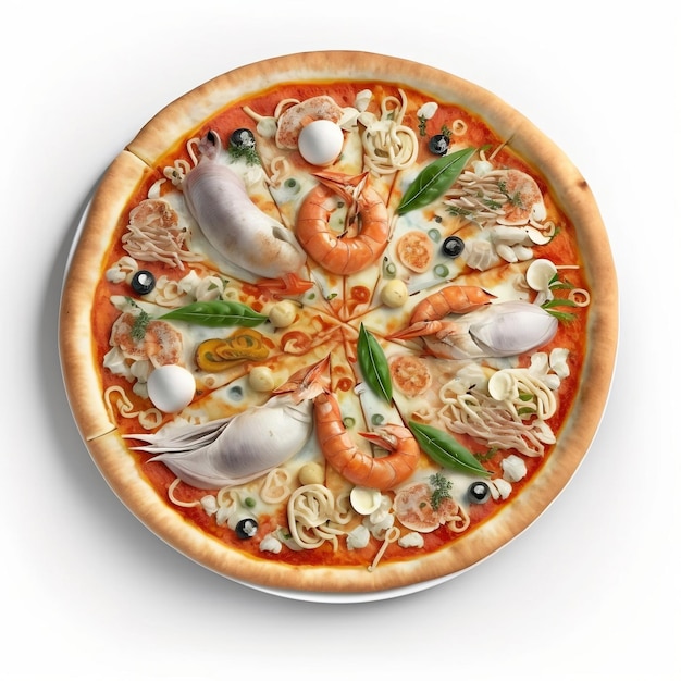 A pizza with shrimps and other seafood on it