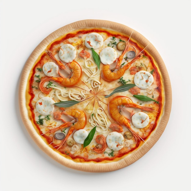 A pizza with shrimps and pasta on it