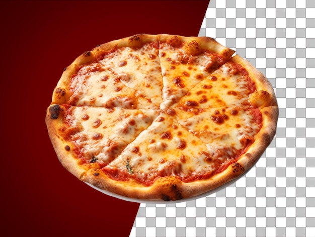 A pizza with a slice missing from it and a red and transparent background