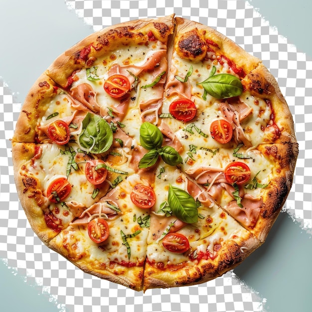 a pizza with tomatoes basil and basil on it