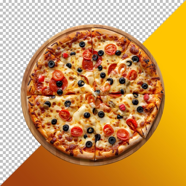 Pizza with tomatoes olives and cheese Isolated on transparent background