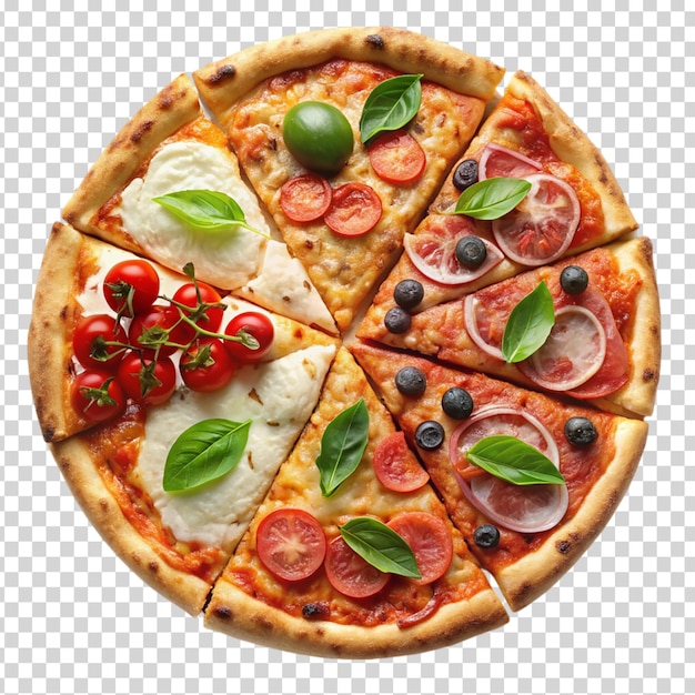 A pizza with various toppings on transparent background