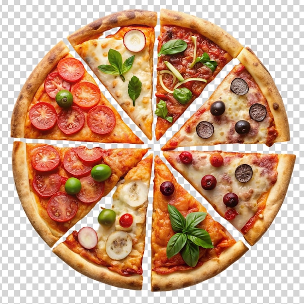 A pizza with various toppings on transparent background