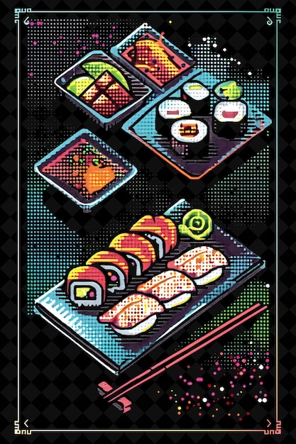 Placemat 8 Bit Pixel With Sushi Design and Chopsticks With P PNG Unique Y2K Design Collection