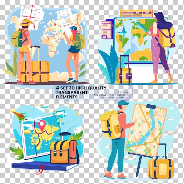 PSD planning travel horizontal banner holiday route on transparent background