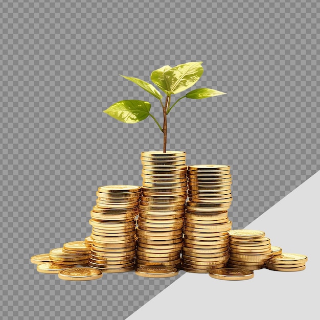 PSD plant in gold coins depicting business growth png isolated on transparent background