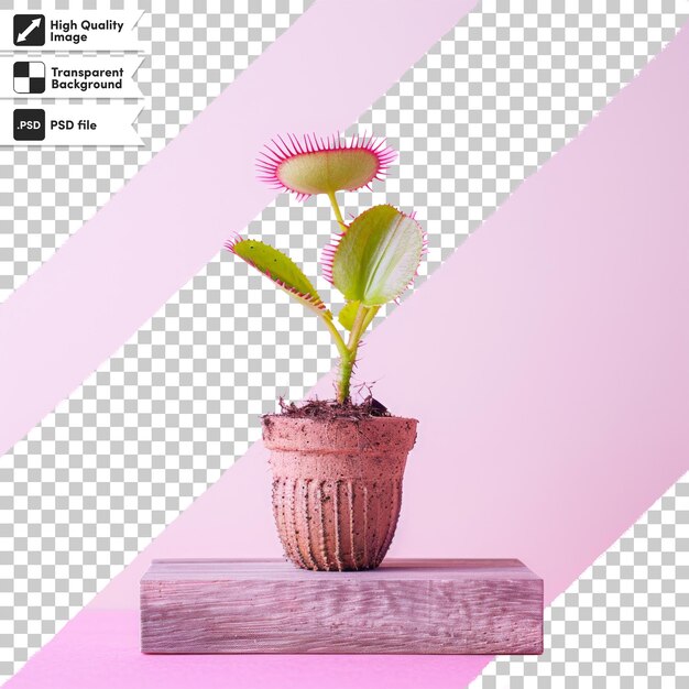 PSD a plant is on a wooden block with a pink background