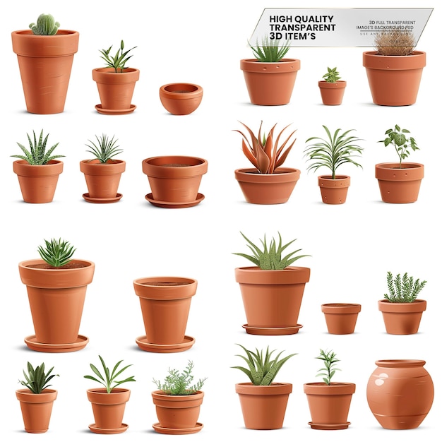 PSD plant pots set of terracotta pots in various sizes on transparent background