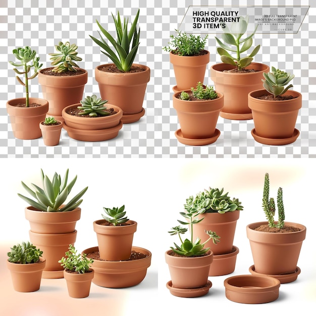 PSD plant pots set of terracotta pots in various sizes on transparent background