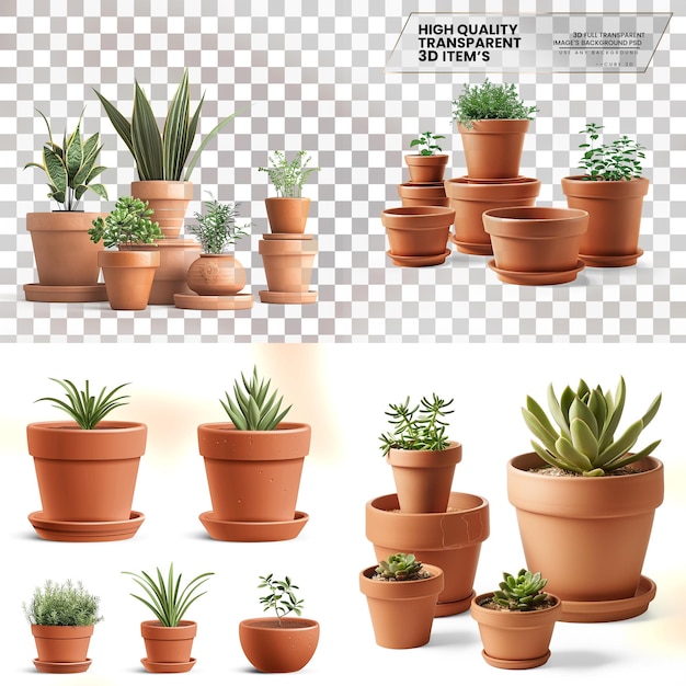 PSD plant pots set of terracotta pots in various sizes on transparent background