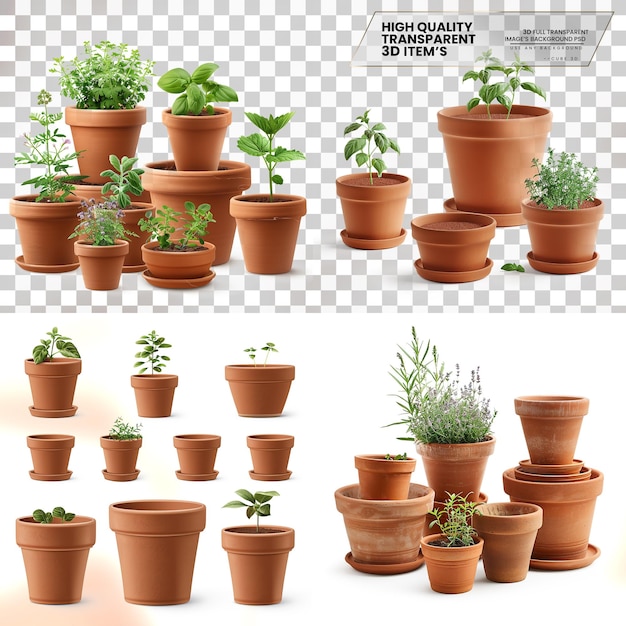 PSD plant pots set of terracotta pots in various sizes on transparent background