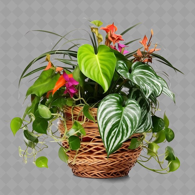 a plant with flowers and plants in a basket