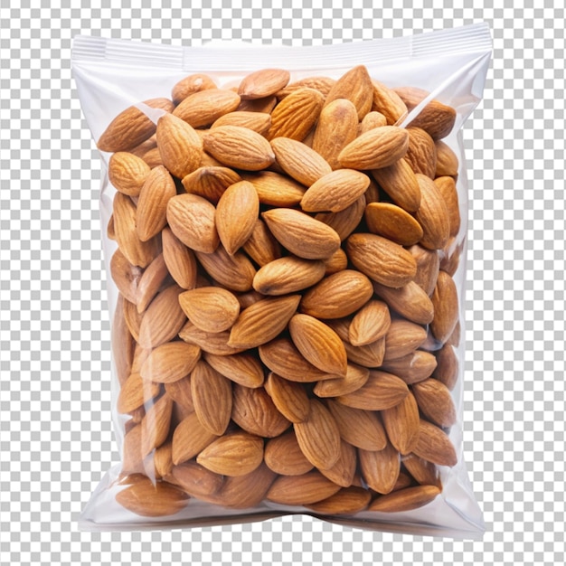 PSD a plastic bag filled with almonds is placed on a clean on transparent background