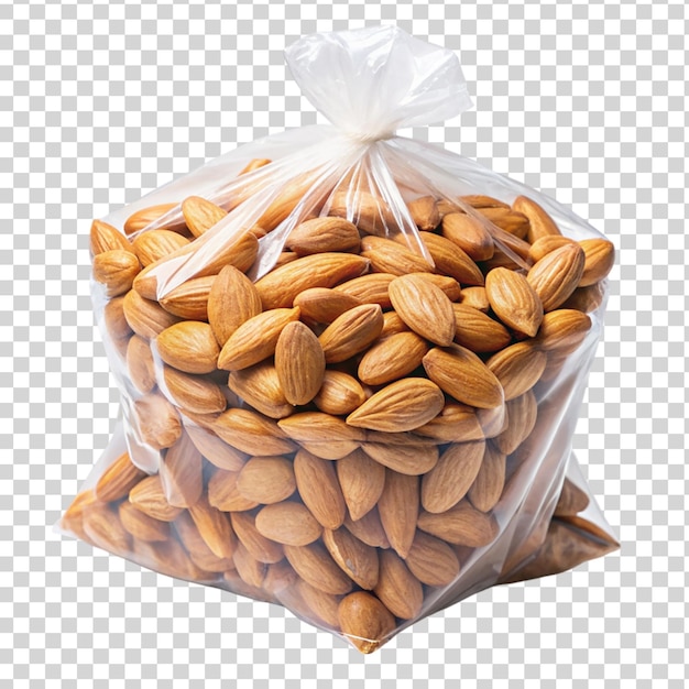 A plastic bag filled with almonds is placed on a clean on transparent background