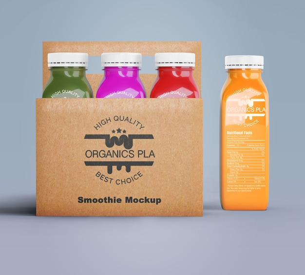 Plastic bottles of organic smoothie in cardboard boxes