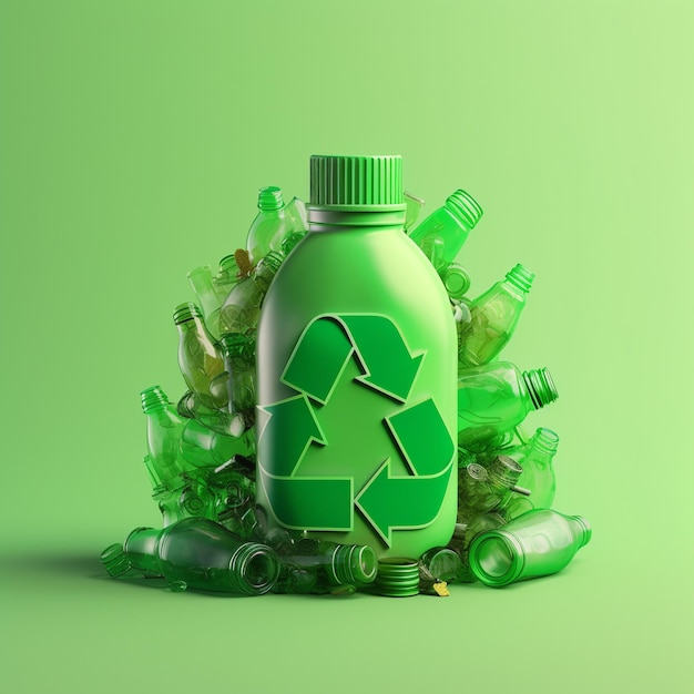 Plastic bottles and recycling symbol on green plastic bottle 3d illustration