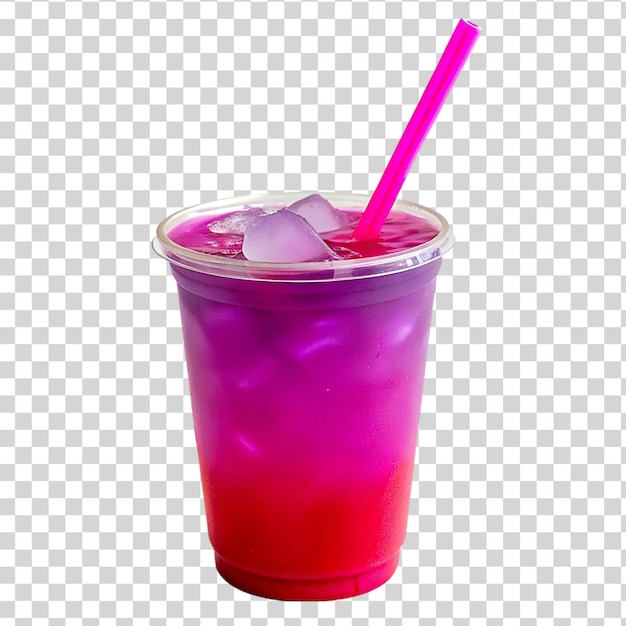 Plastic cup with bright pink and purple liquid isolated on transparent background