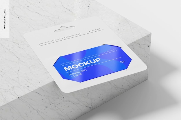 Plastic Gift Card on Marble Background Mockup, Perspective