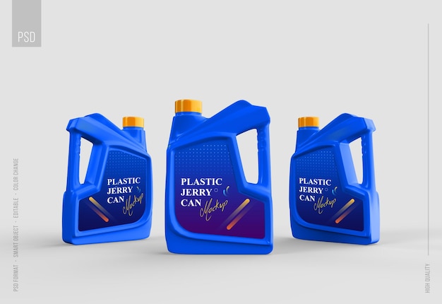 Plastic jerry can realistic package mockup set for presentation