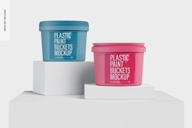 Plastic Paint Buckets Mockup, on Podium