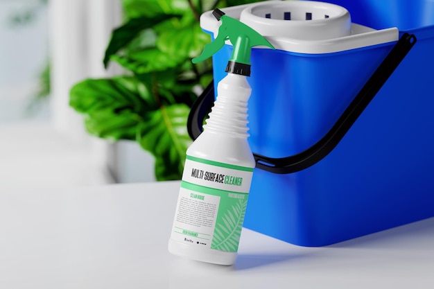 Plastic spray bottle with cleaning bucket mockup