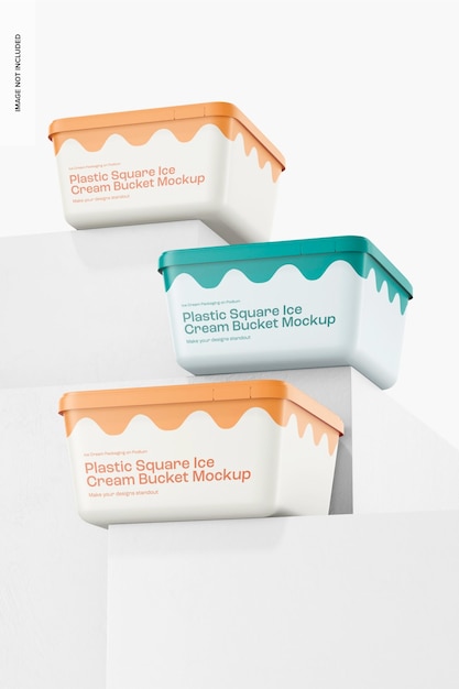 Plastic Square Ice Cream Buckets Mockup, Low Angle View