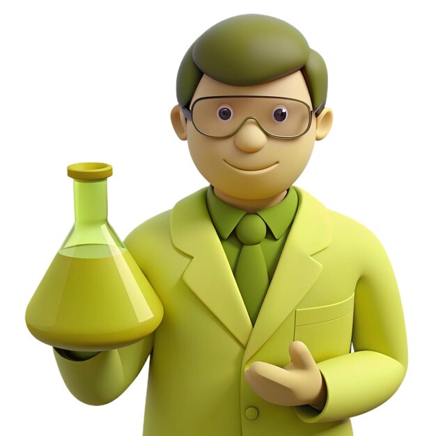 a plastic toy of a man with glasses and a bottle of liquid