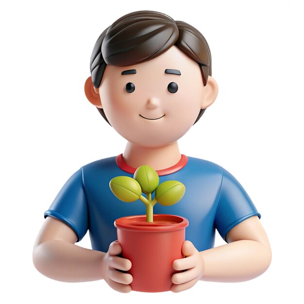 a plastic toy of a young boy holding a potted plant