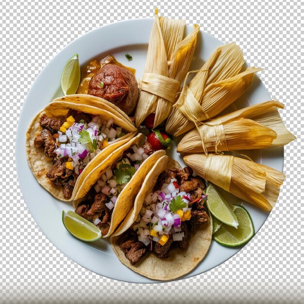 PSD plate of authentic hispanic cuisine such as tacos or tamales isolated on transparent background