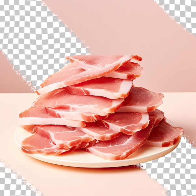 a plate of bacon is on a table with a grid of squares in the background.