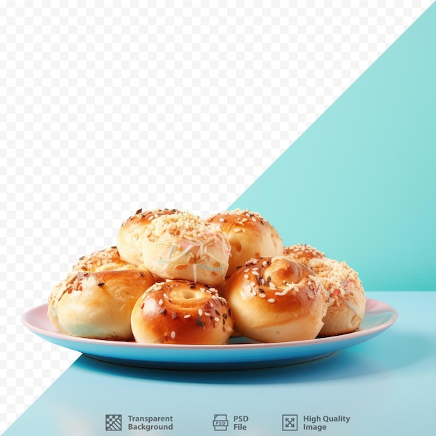 a plate of bagels with a blue background with a blue and white background.