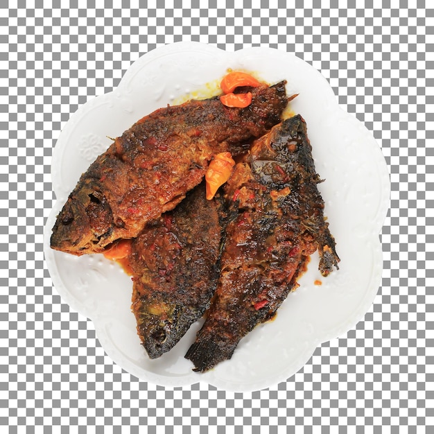 A plate of baked pesmol fishes on transparent background