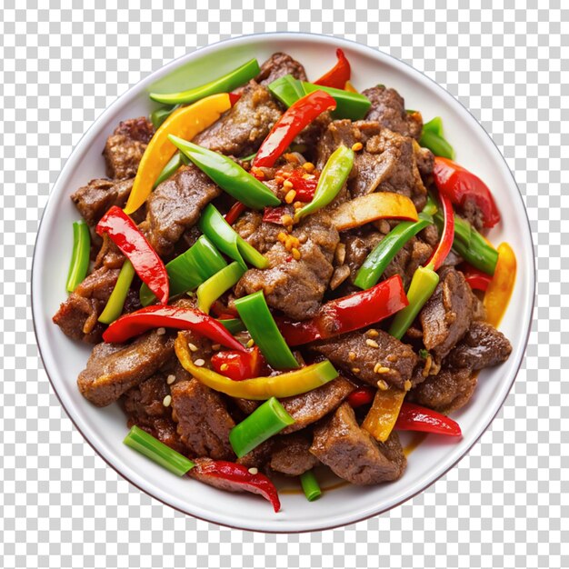 A plate of beef and vegetables with green onions and red peppers on transparent background