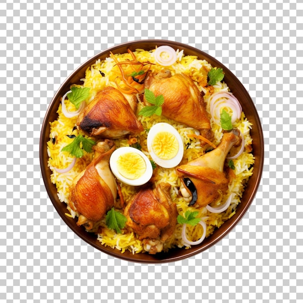 A plate of biryani with chicken pieces and egg on a transparent background