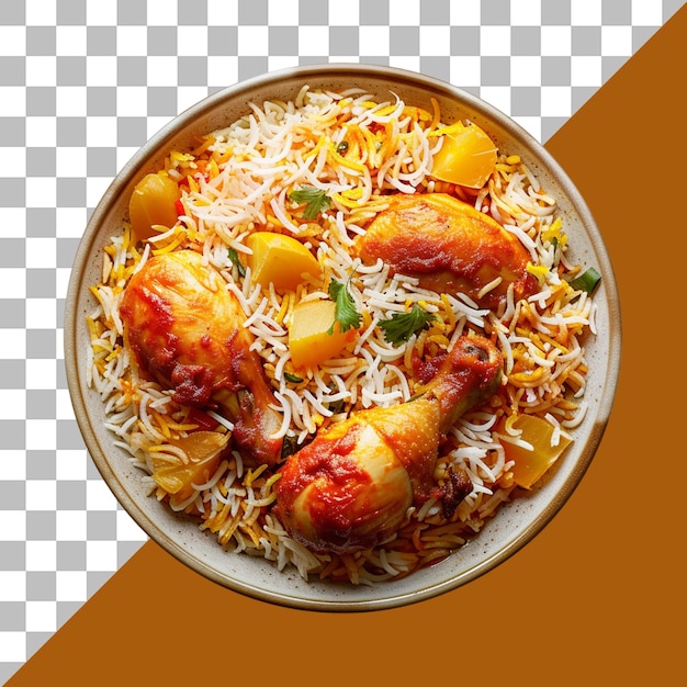 PSD a plate of biryani with chicken pieces on a transparent background