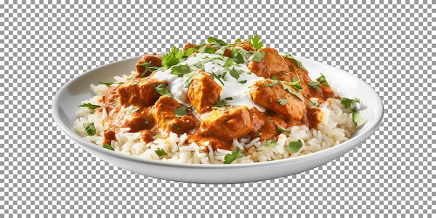 Plate of butter chicken rice on transparent background