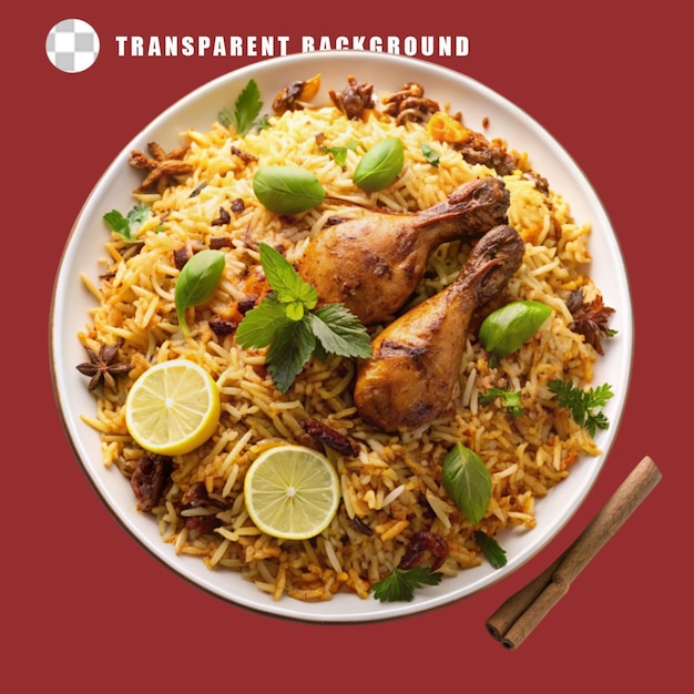 a plate of chicken biryani with chicken and spice on transparent background