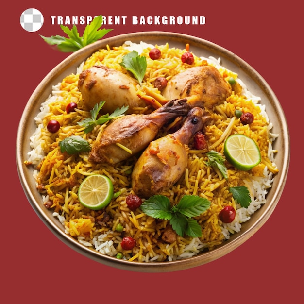 a plate of chicken biryani with chicken and spice on transparent background