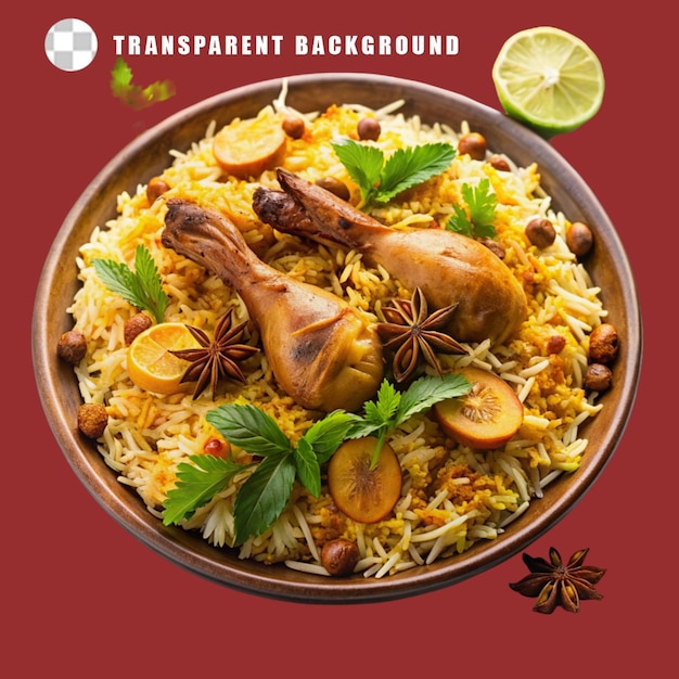 a plate of chicken biryani with chicken and spice on transparent background