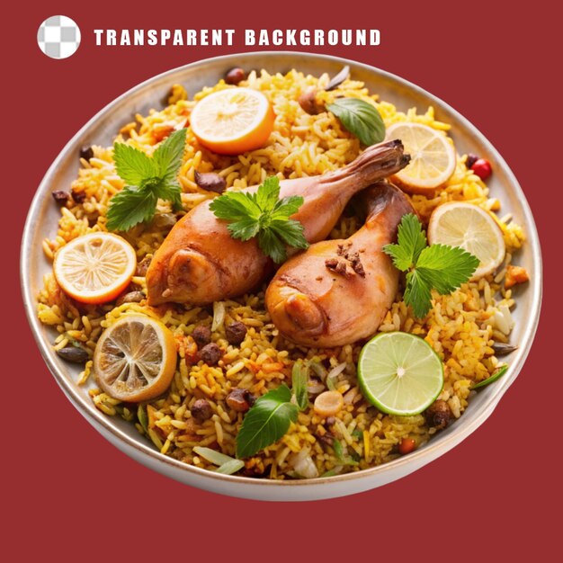 a plate of chicken biryani with chicken and spice on transparent background