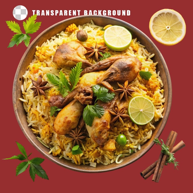 a plate of chicken biryani with chicken and spice on transparent background