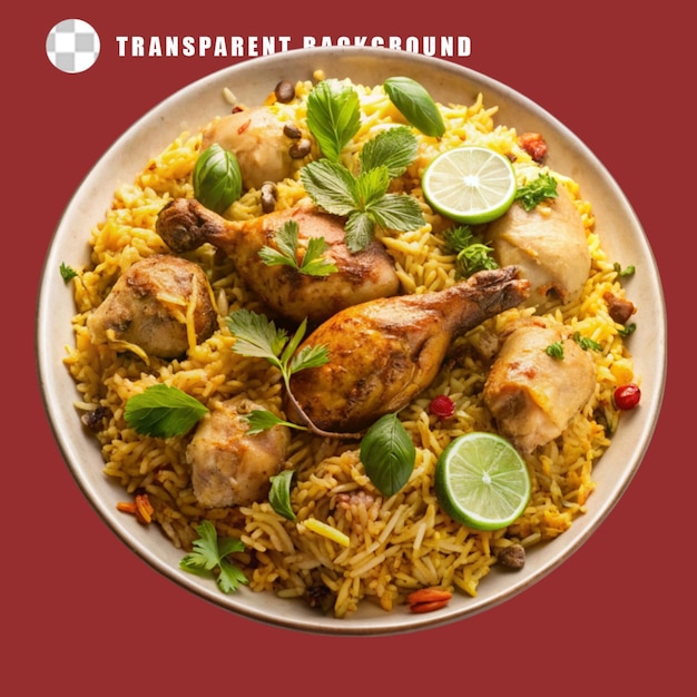 a plate of chicken biryani with chicken and spice on transparent background