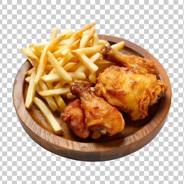 a plate of chicken and french fries with the letters  on it