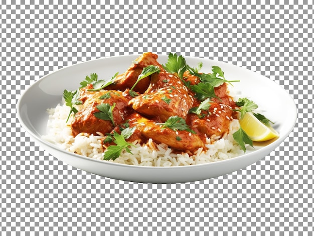 Plate of chicken pieces with rice and parsley on transparent background