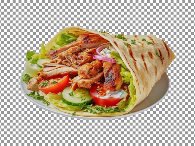 Plate of chicken shawarma with salad on transparent background