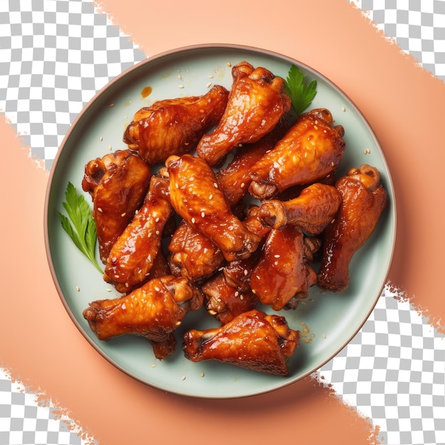 a plate of chicken wings with a green leaf on it.