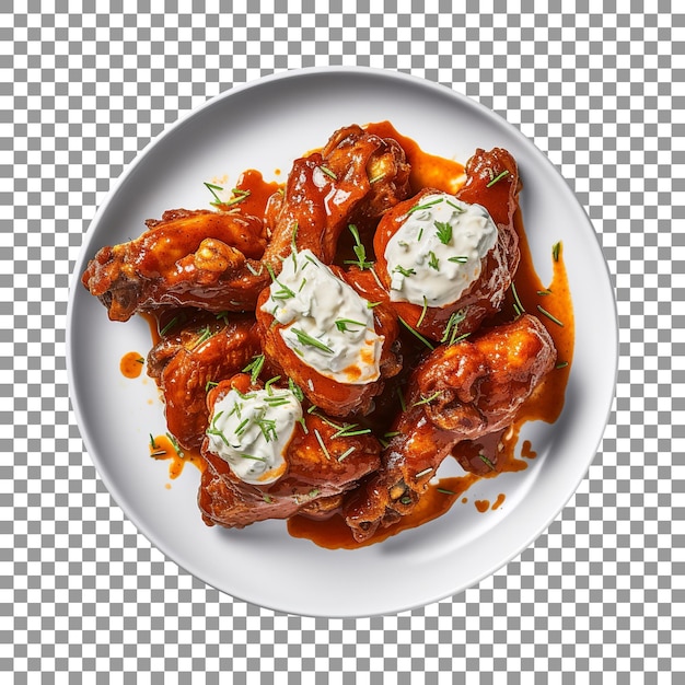 Plate of chicken wings with sauce on transparent background