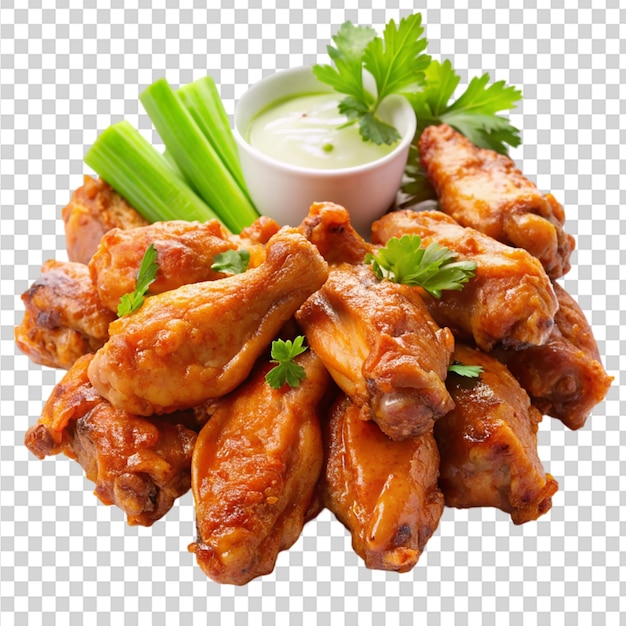 A plate of chicken wings with a white bowl of sauce in the middle on transparent background